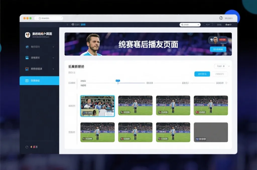 比赛结束后，电视屏幕展示集锦回放页面，旁边有时间轴和多角度切换提示